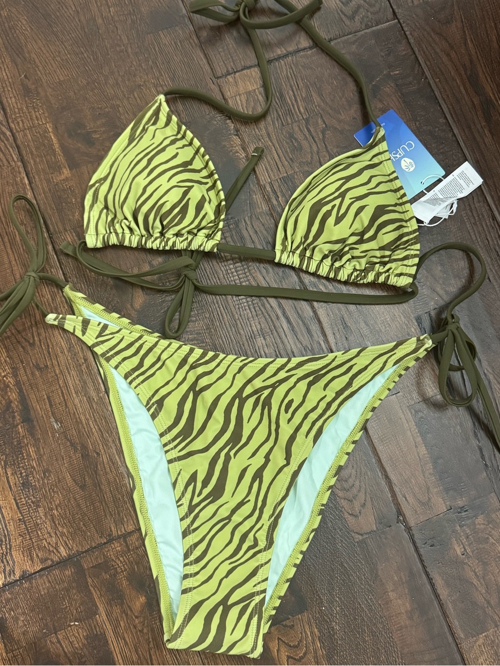 NWT Cupshe Green Brown Zebra Print Triangle Bikini Set Size L